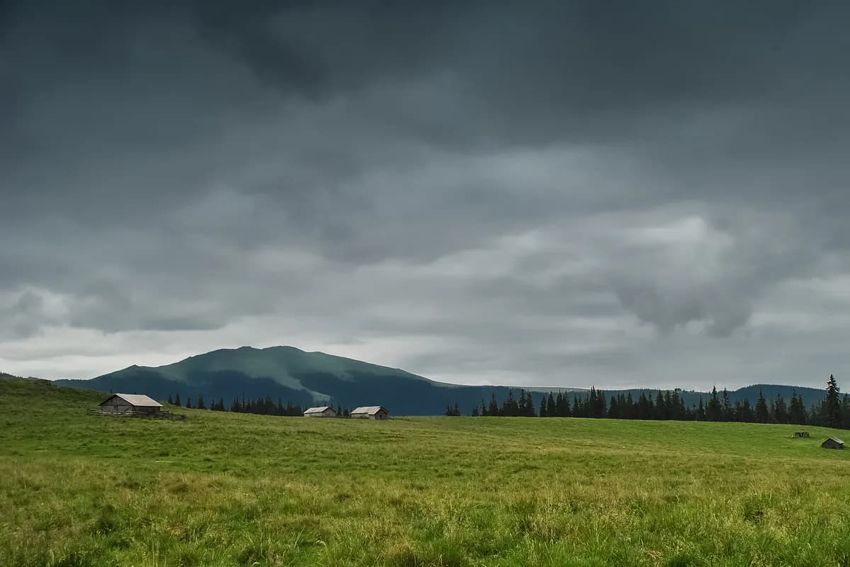 Pajiște montană și culmi împădurite în comuna Pojorâta, sub un cer cu nori