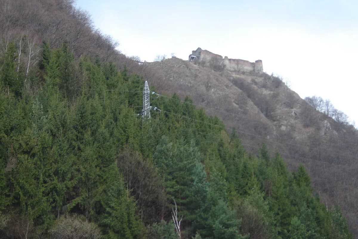 Cetatea Poienari văzută pe culmea împădurită
